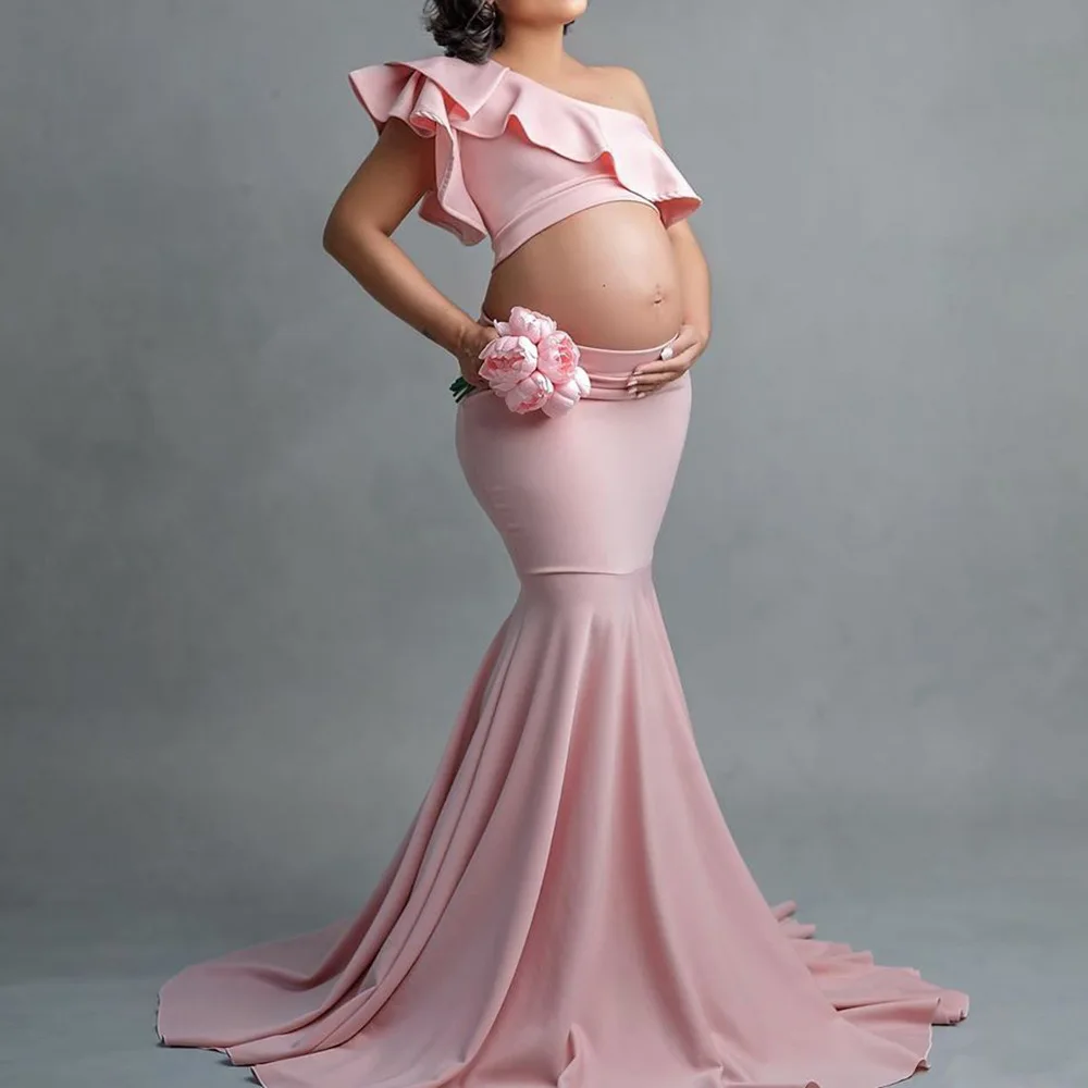 
Maternity Mermaid Gown Dress Off Shoulder Stretchy Slanted Sleeveless Maxi Pregnant Dress for Baby Shower Photography 