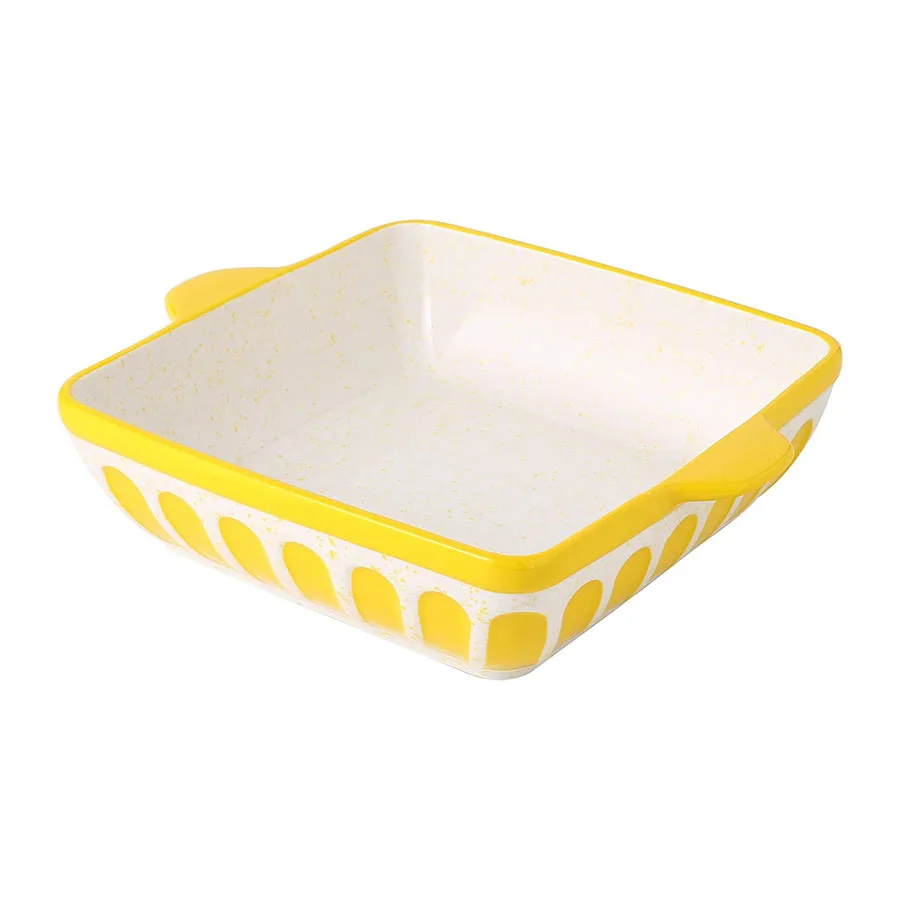 Yellow 8.7 inch Baker Cookware Square Cake Baking Pan Lasagna Pans Ceramic Baking Tray Dish with Double Handle for Dinner
