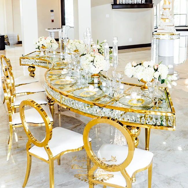 luxury glass top half circle stainless steel wedding table with crystals