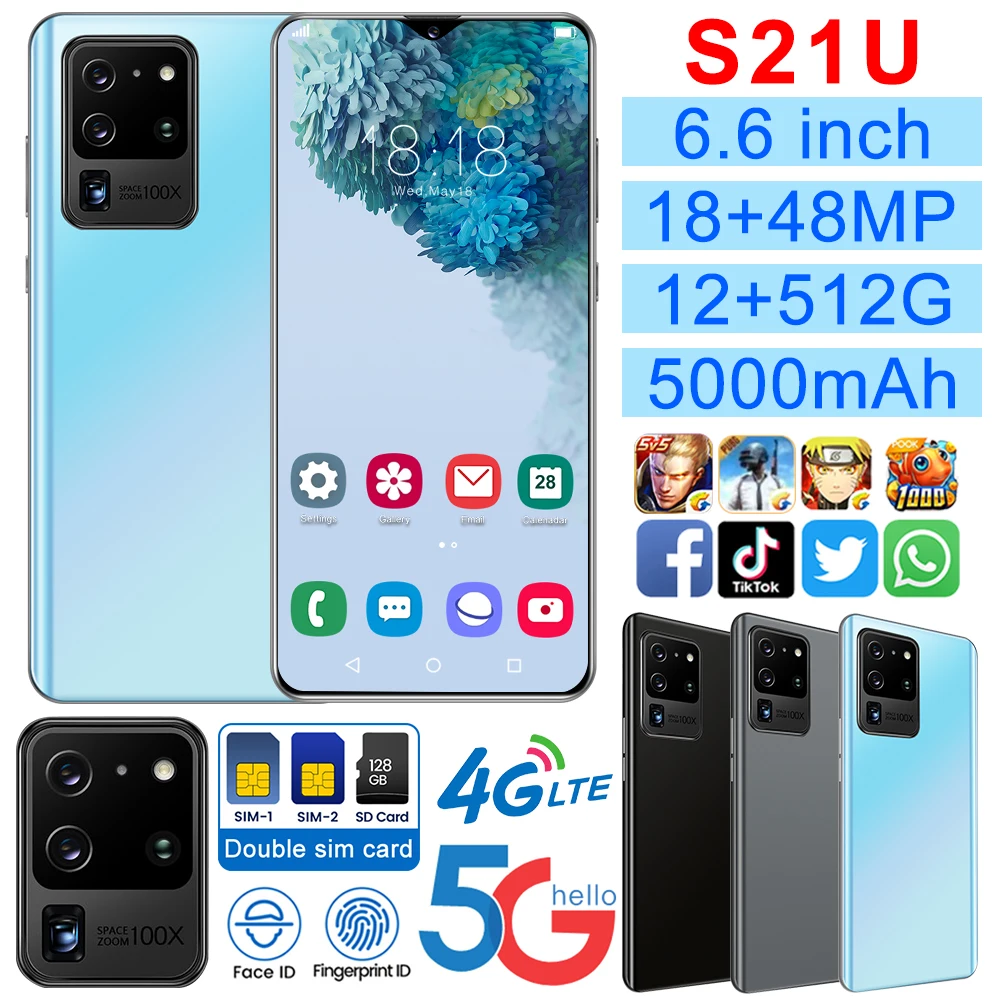 Сделано в Китае S21u смартфон с сенсорным экраном 6 дюйма 12 + 512 ГБ мобильные телефоны Deca Core размер экрана Face ID Android 4g High-end мобильного