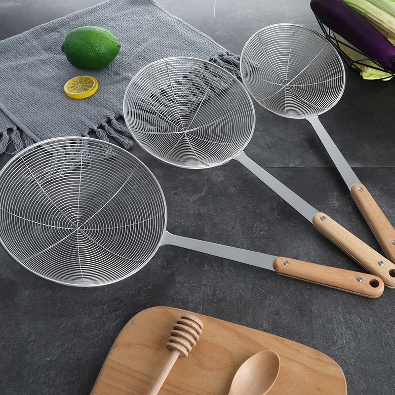 Hot sale noodle  strainer  wire skimmer strainer with wooden handle stainless steel strainer