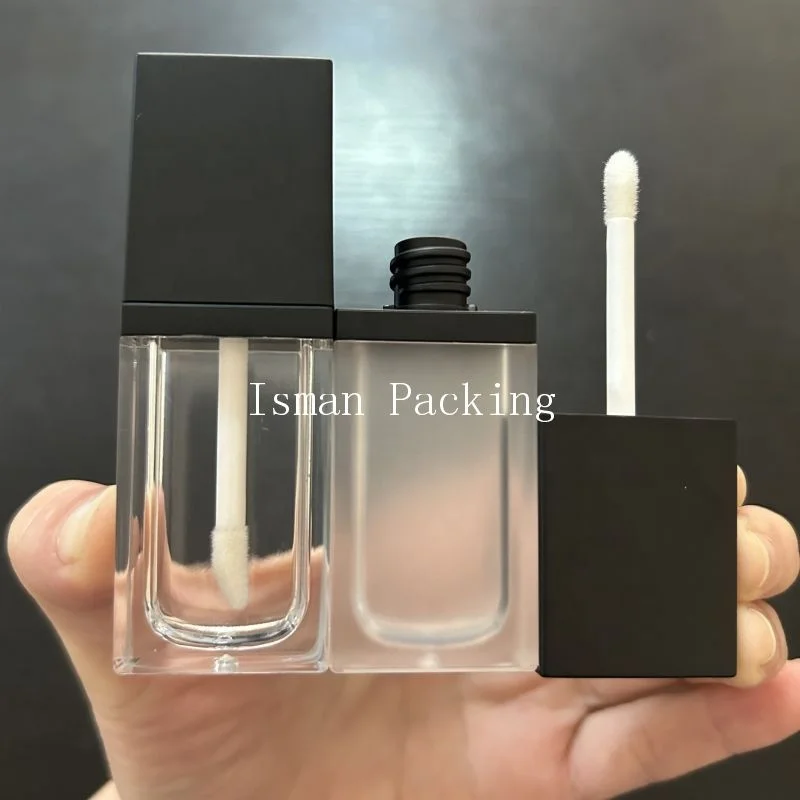 New square 8ml matte black flat top lip gloss packaging clear frost lipgloss containers tube luxury bottle with wands