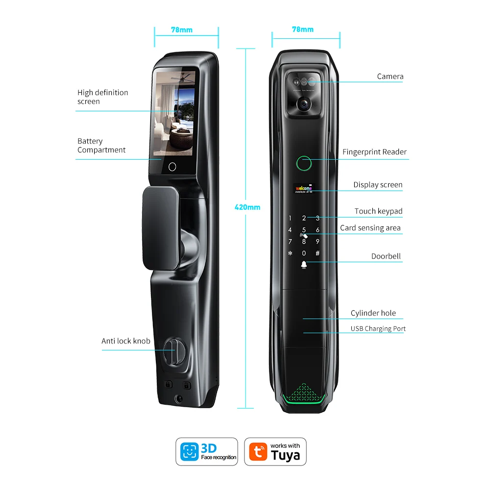 Friendly design Villas home entrance tuya 6072 6068 6085 suitable full automatic smart door lock wifi with 3d face recognition