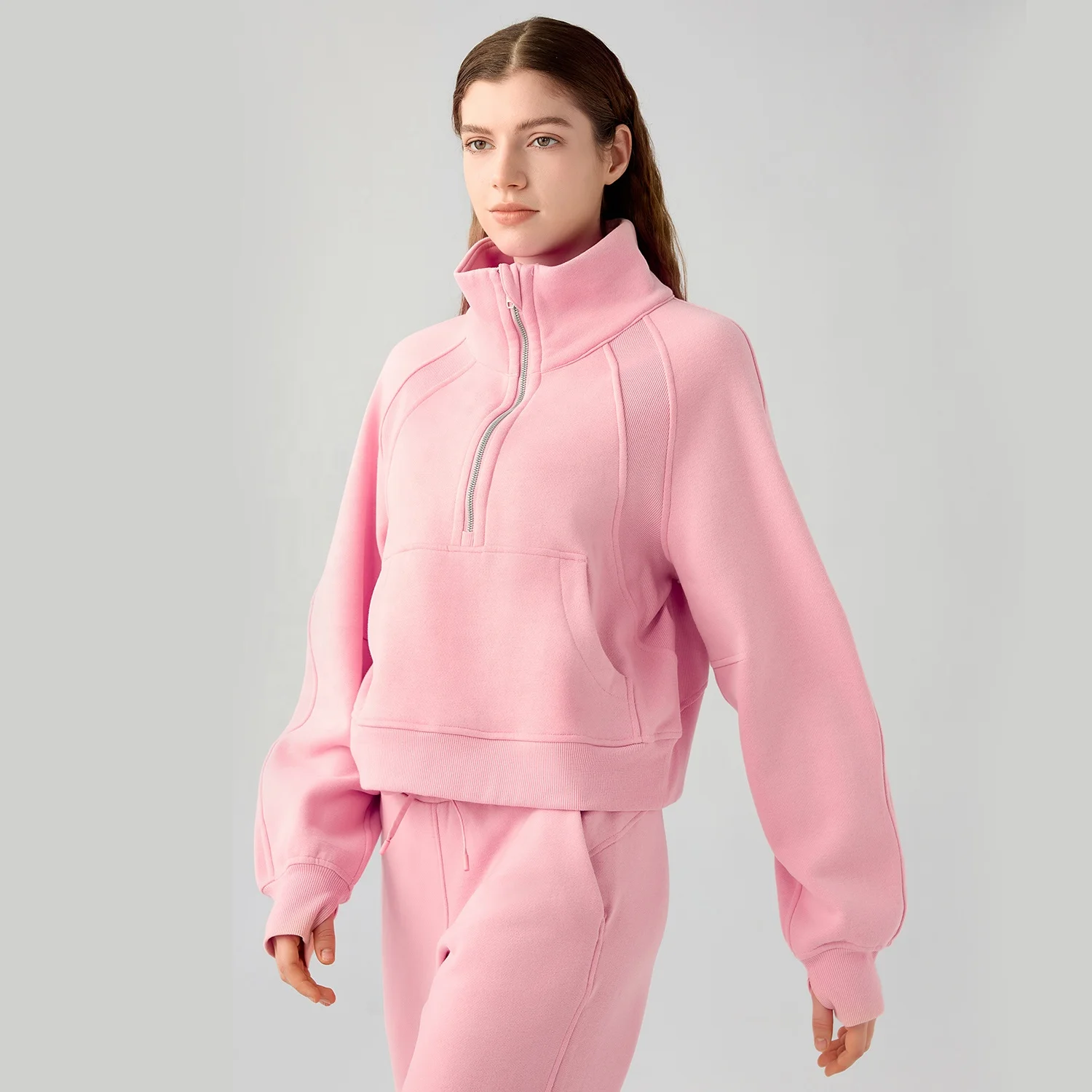 Winter Fleece Quarter Zip Unisex Pocket Pullovers Wholesale Womens Sports Hoodies With Thumb Hole 65cotton 35nylon