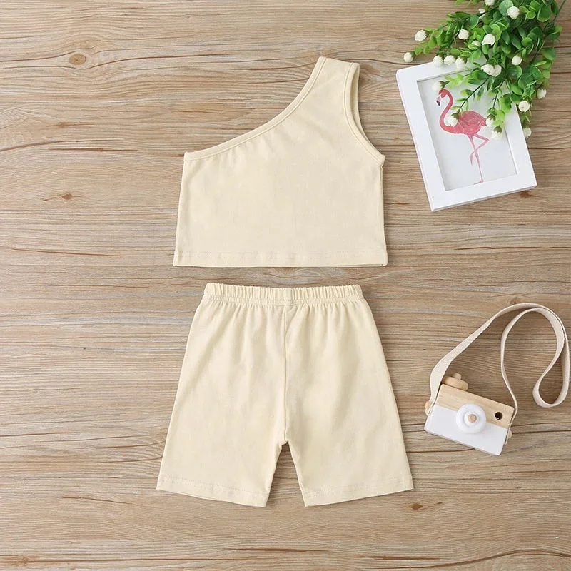 
2021 New Fashion One Shoulder Sleeveless Baby to Toddler Girl Cotton Outfits 40 Pure Colors Outfit 2 pcs Clothing Set 