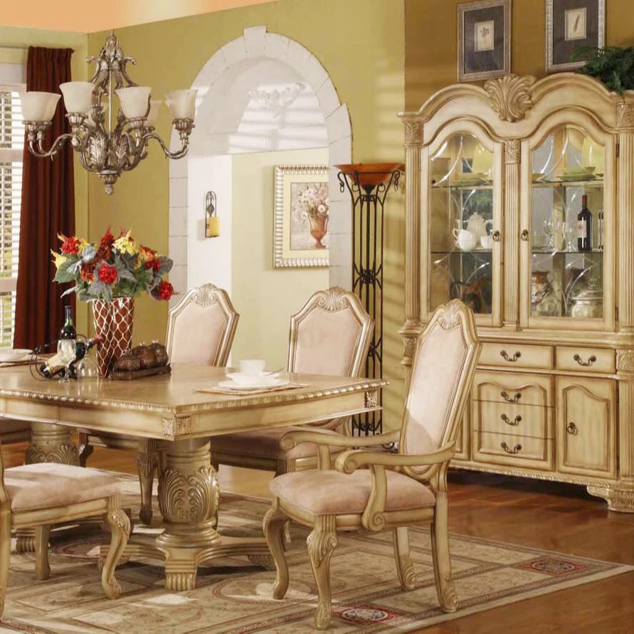 
Классический Европейский стиль антикварные настольные наборы МДФ деревянный роскошный обеденный зал, партиями по 6 комплектов местный обеденный стол наборы с сервант 