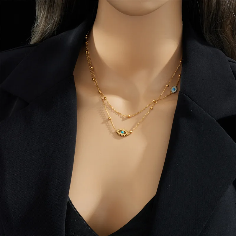 New Fashion 18k Gold Plated Blue Turquoise Lucky Turkish Devil Eye Beaded Chain Layered Evil Eyes Necklace Stainless Steel