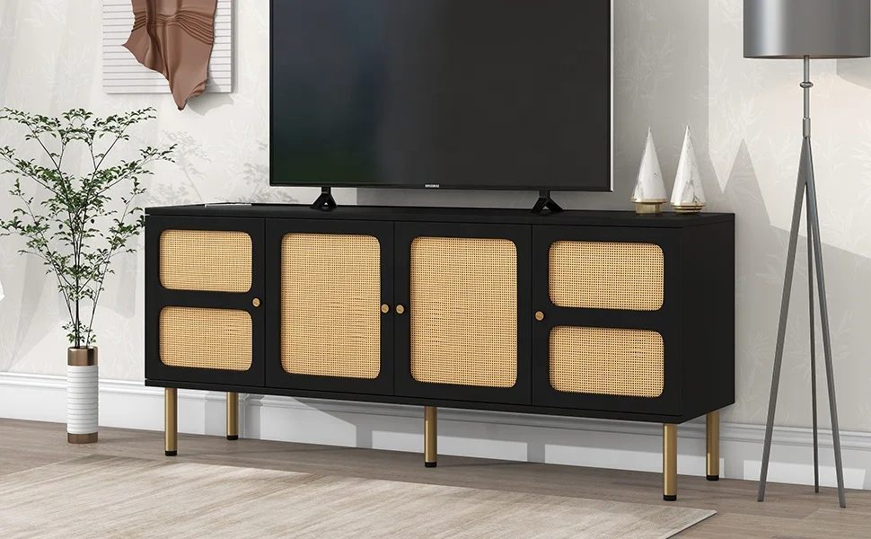 Free Shipping Boho style TV Stand with Rattan Door