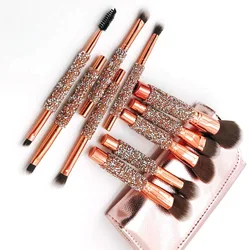 Luxury makeup brush set 10pcs rose golden glitter handle crystal diamond foundation brush set with PU bag makeup brushes