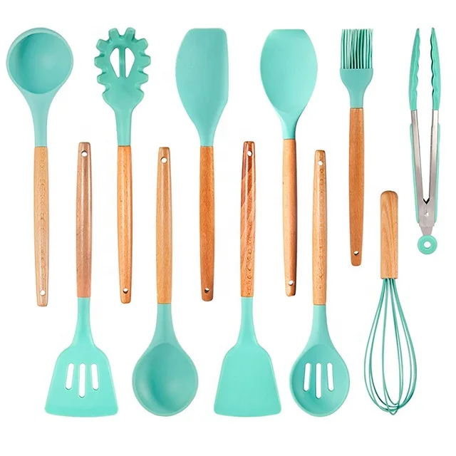 Green Cooking Utensils Set Utensils New Amazon Hot Selling High Quality Green Custom 11pcs Wooden Handle Kitchen Silicone Cookin