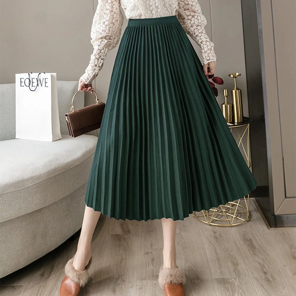 Woolen Pleated Skirts Womens Fashion High Waist Black Gray Skirt Loose Thick Warm 2021 Autumn Winter Long Skirt VD2382