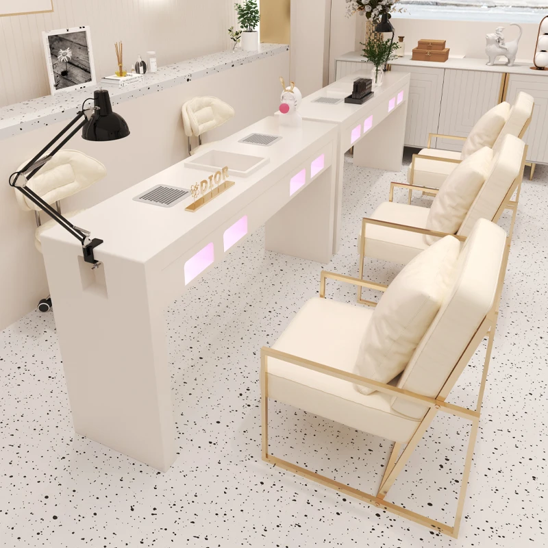 Professional Equipment Pink Manicure Desk Client Table Double Manicure Furniture With Dust Vacuum Cleaner And Luxury Light