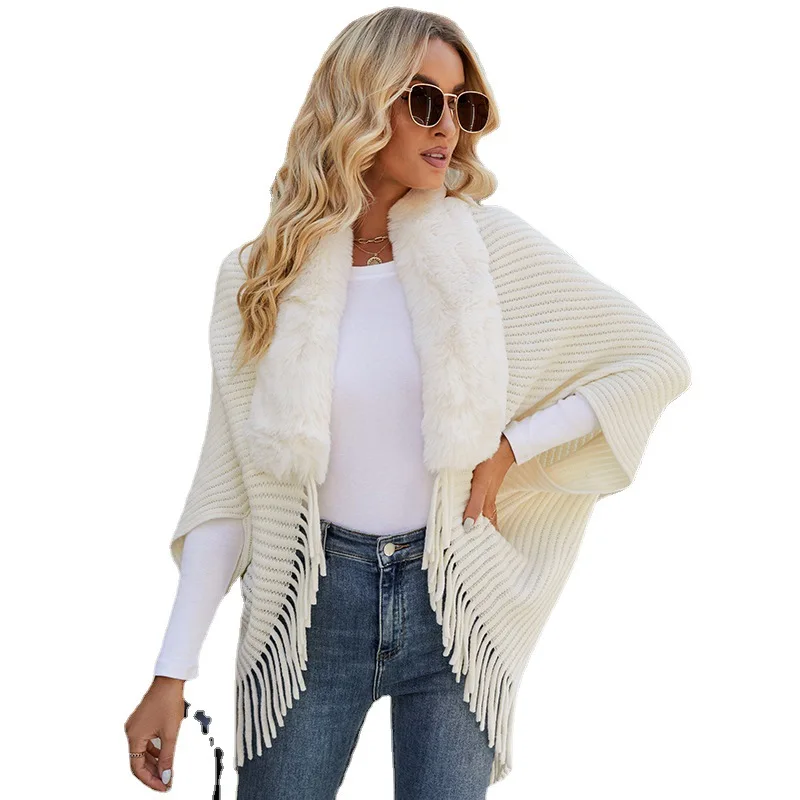 New Winter Women Faux Fur Collar Knitted Shawl Warm Fashion Elegant Batwing Poncho Long Cloak With Tassel Cardigan