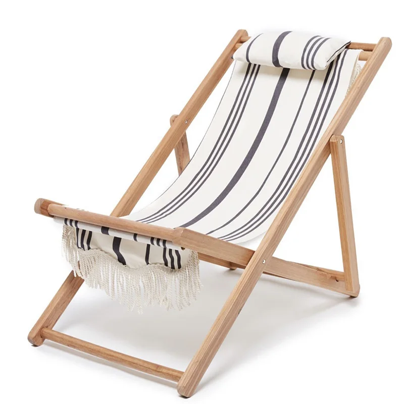Modern simple easy carry classic terrace armless stripe cotton hardwood timber folding outdoor beach chair with fringes