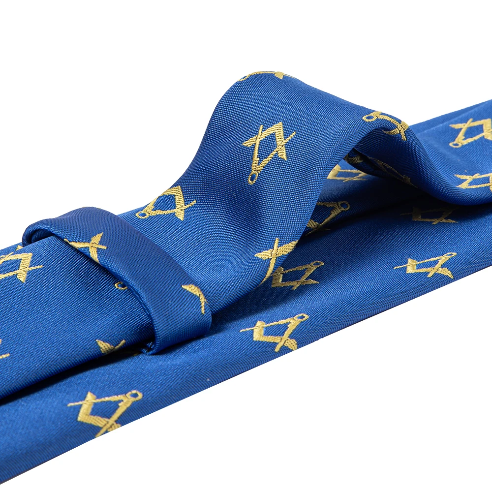 Blue and Yellow Square & Compass Design Masonic Logo Necktie Microfiber Polyester Woven with Jacquard Pattern