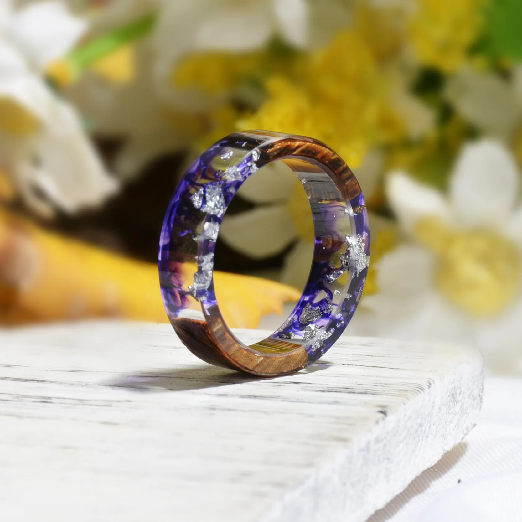 Women Men Party Wooden Round Rings For Men Vintage Clear Wood Resin Handmade Dried Flower Epoxy Rings Secrets Wood Ring Jewelry