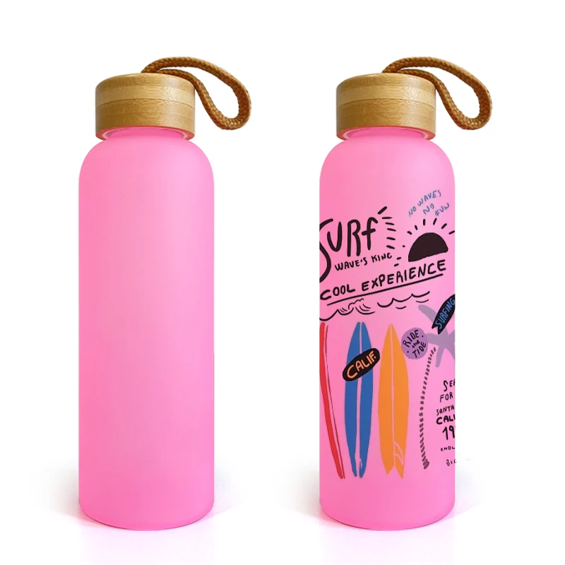 Sublimation Colored Frosted 20oz 750ml Glass Water Bottle With Bamboo Lid