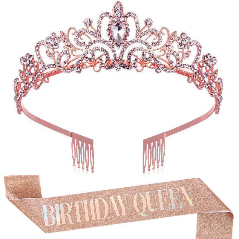 Elegant Princess Crown Birthday Girl Sash Crystal Crown Tiara Glitter Sash For Happy Birthday Girl Queen belt Tiara set