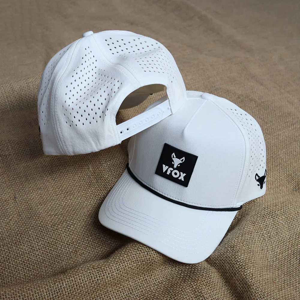 Small minimum order brand quality customized logos nylon curved brim waterproof nylon 5 panel baseball cap with rope