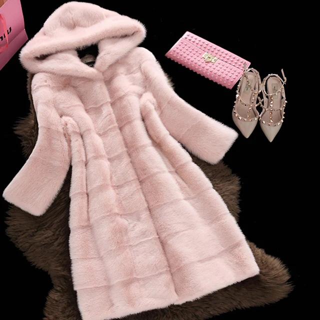 Fashion Winter Women Faux Fur Warm Hooded Coat Striped Mink Fur Jacket for Women