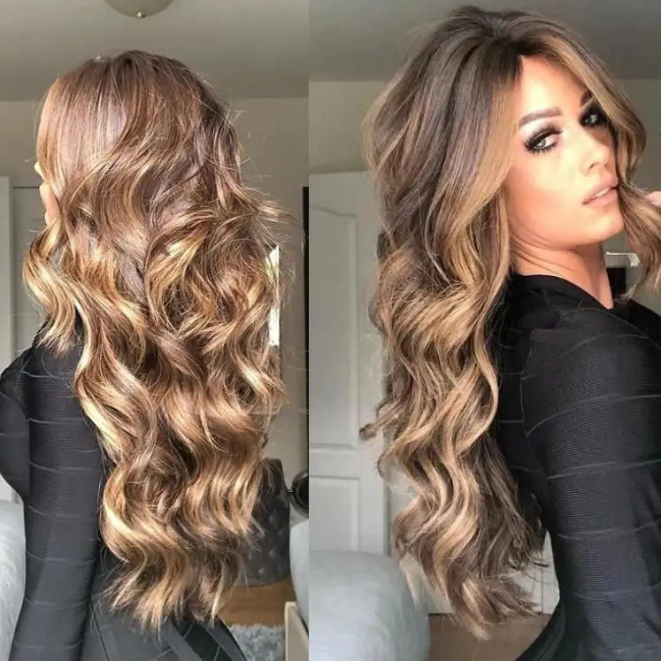 Cheap Long Wavy Curly Brown Gold Heat Resistant Fiber Synthetic Ombre Wig Natural Hair Wig For Ladies