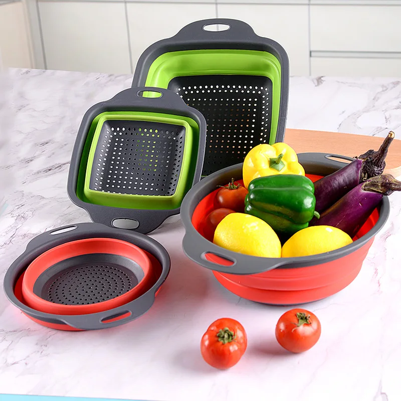 Hot Sale  Plastic Foldable Round Shape Collapsible Colander Strainer Draining Basket Set