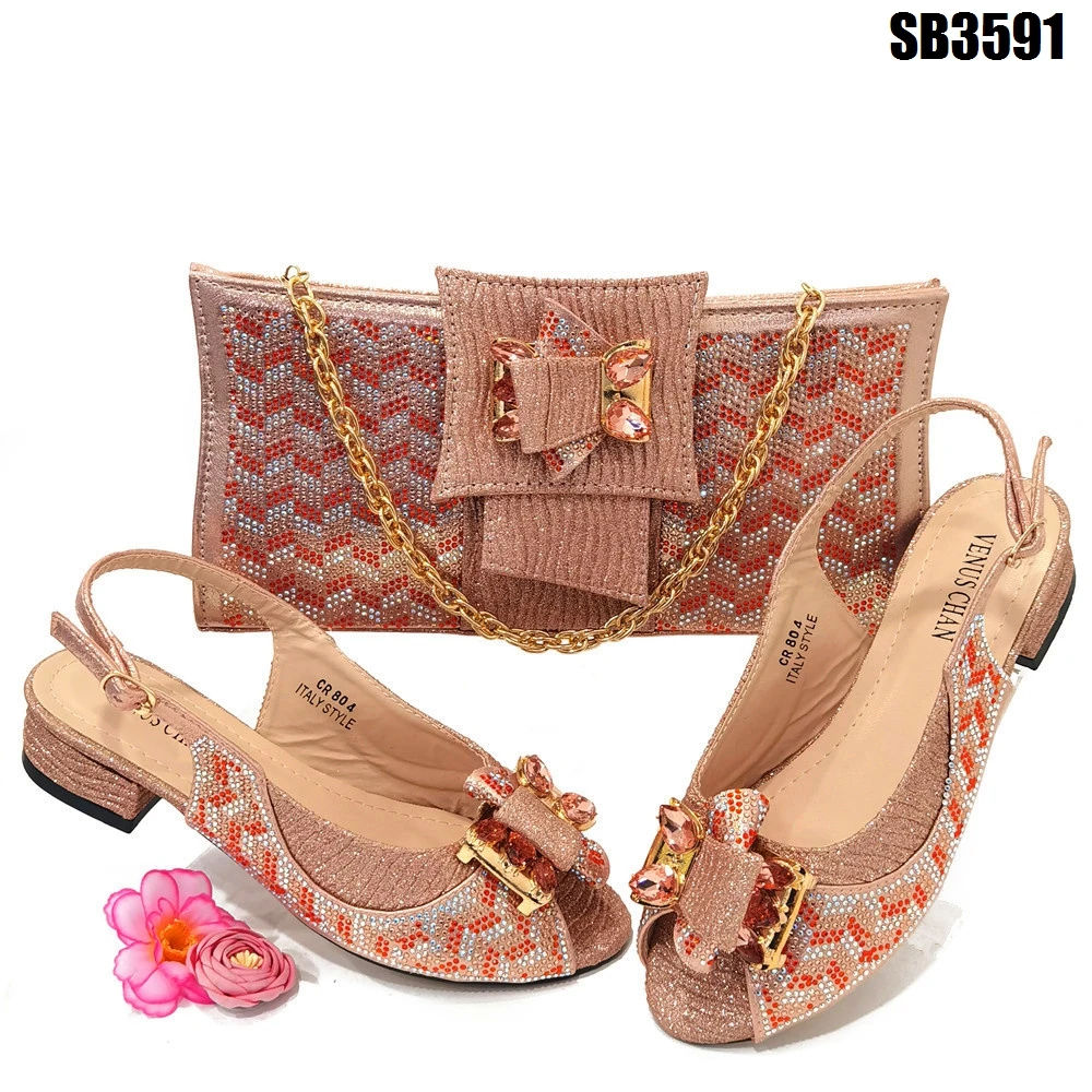 New Shoes Bag Set With Stones Beautiful Italian to Match Low Heel Women Party