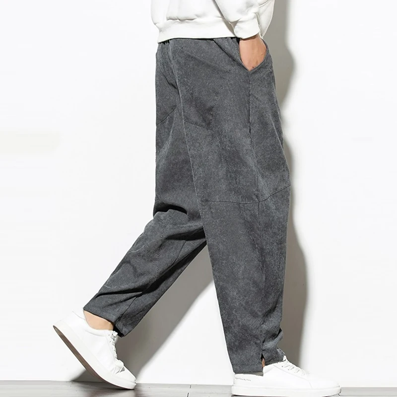 Classic Straight Corduroy Pants Mens Vintage Washed Corduroy Loose Pants