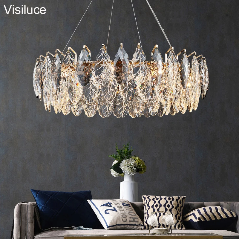 European nordic Lustre Leaf Crystal Pendant Lamp Decoration Living Room Hotel Gold Round Luxury Chandeliers & Pendant lights
