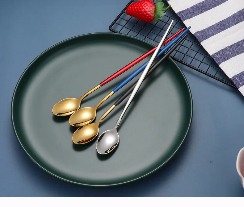 NEW Arrivals Stainless steel dessert spoon titanium gold long handle spoon for ice/mixing/drinking