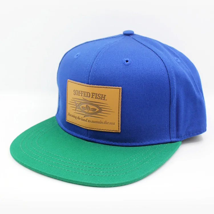Good quality flat brim hat leather patch cotton material custom snapback cap
