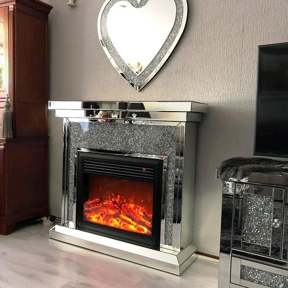Modern Decorative Sparkle Crushed Diamond Mirrored Fireplace Other Fireplaces Indoor Decoration With Remote Control Freestanding