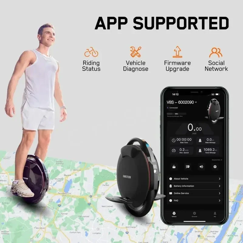 EU Stock INMOTION V8S Unicycle EUC E-wheel 72V 728Wh Battery 1000W Motor 35km/h Top Speed 70km Range Smart Self Balance wheel