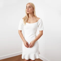 Elegant Bodycon Dress Ladies Women Crew Neck Party Pleated Dresses Puff Sleeve Solid Min Dress