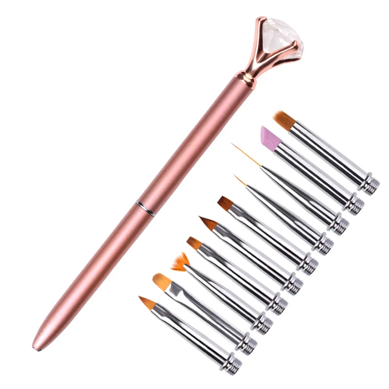 
Gold Silver Rose Crystal Nail Art Pen Brush Set Replace Head Cuticle Remover Drawing Painting Liner Design Tool 