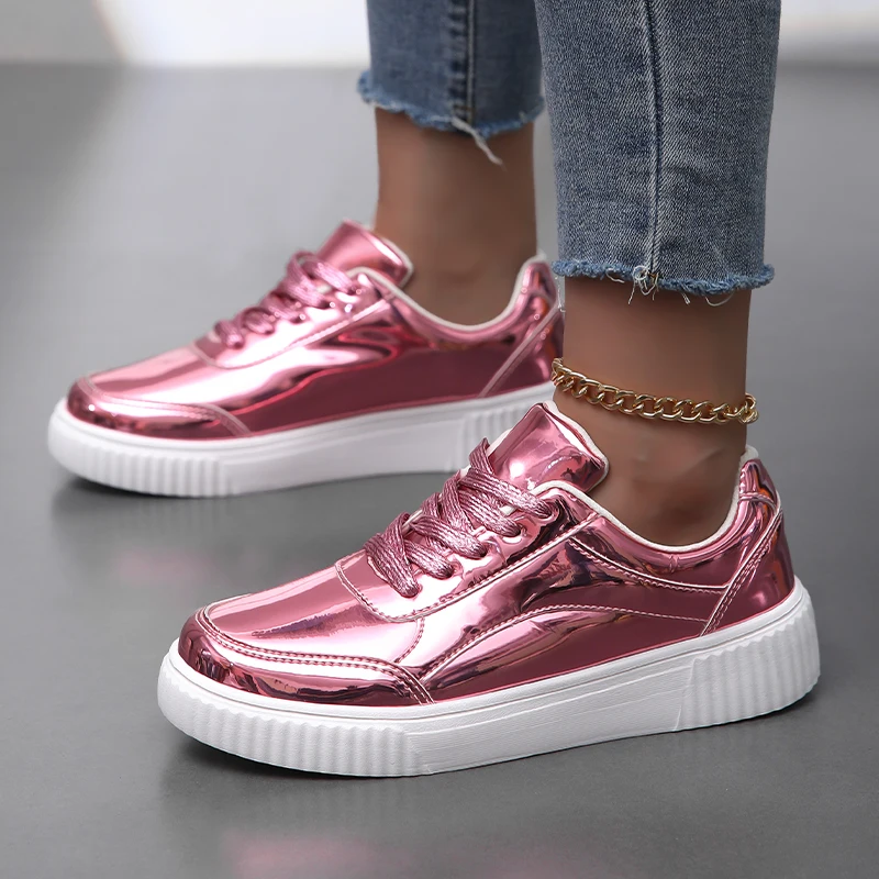 Rose Gold Flat Retro Women Skateboard Manufacturer Basketball Casual Leather Sneakers Low Top Custom Gold Shoes For Women