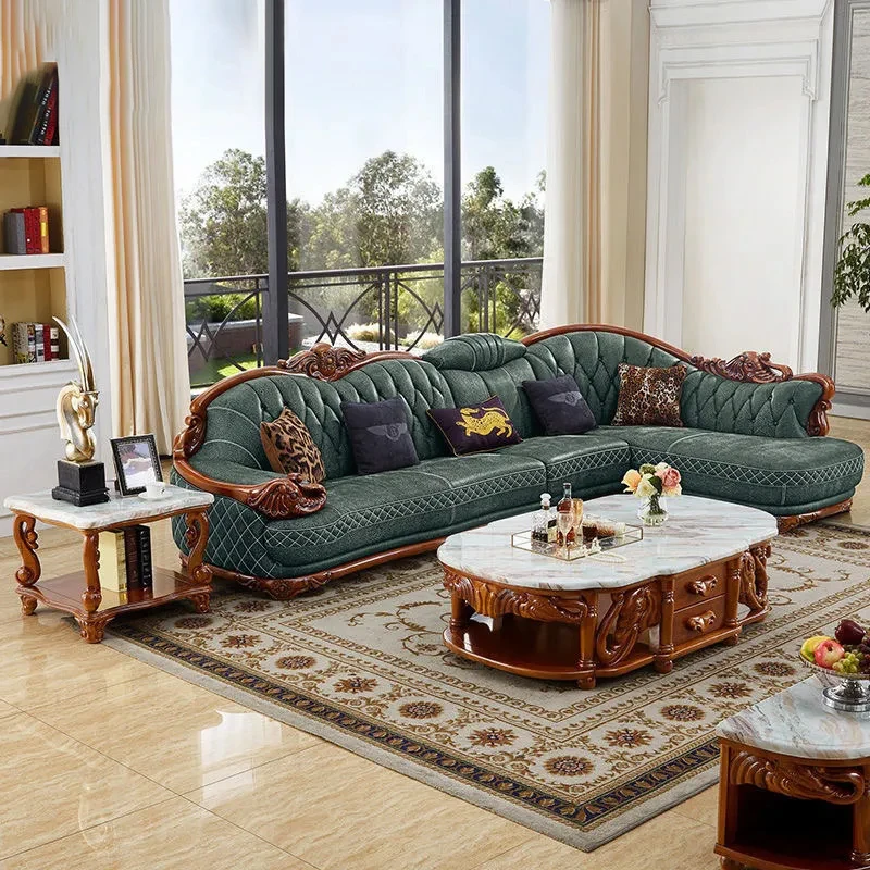 European-style leather sofa combination solid wood carving apartment living room corner luxury American sofa furniture complete