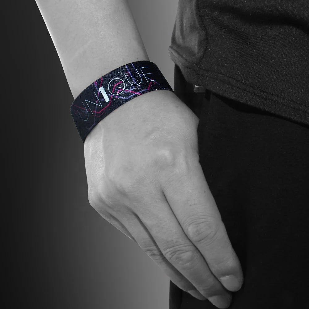 
Unique design custom logo sublimation printing elastic wristband with fabric label 