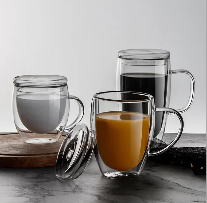 Wholesale Handmade High borosilicate clear double wall glass mug coffee cup with handle and bamboo lids Or glass lids