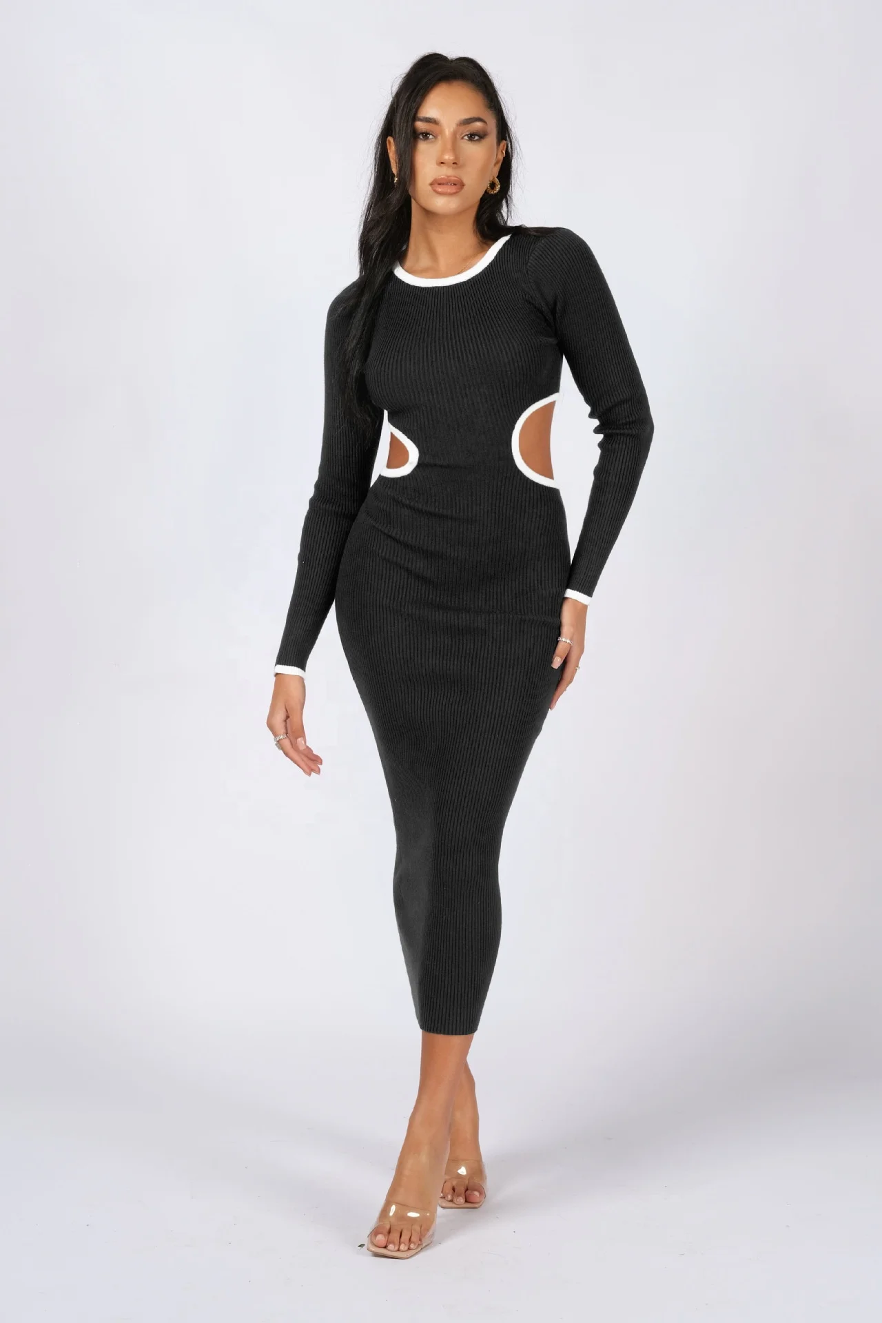 2023 new arrival Hip Wrap Rib Sexy Featured Backless Dress Knit wear Body con solid long sleeve winter dress