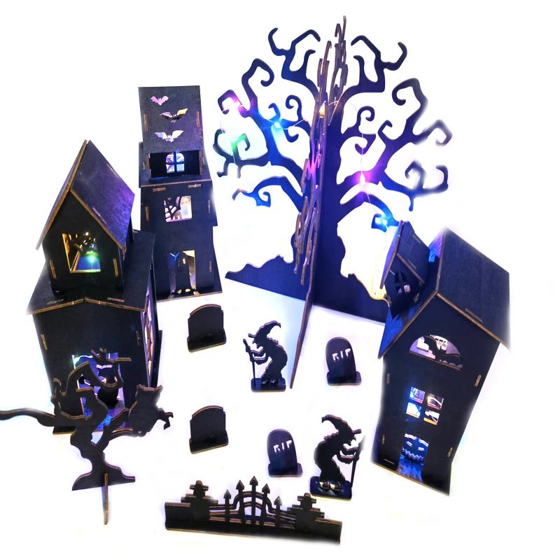 Custom Halloween Wood Craft That Lights up Haunted House Crafts