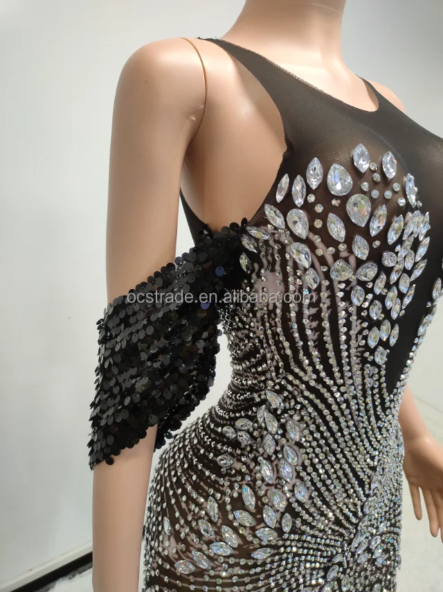 Ocstrade Manufacturers For Customs Clothes Black Rhinestone Sequin Luxury Sleeveless Hollow Out Dress Long Gowns Evening Dresses