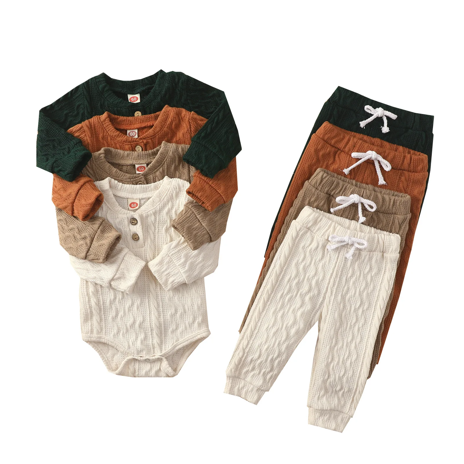 Newborn Unisex Matching Outfits New Suit For Babys Solid Color Fried Dough Twists Long Sleeve Trousers Kids Autumn Clothes 2PCS