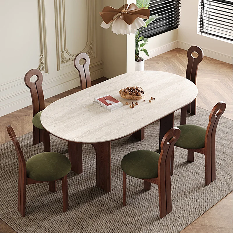 Modern french Vintage Arch Oval Wooden Cave Dining Table Set 6 Seater Retro Walnut restaurant eating chair dining room furniture