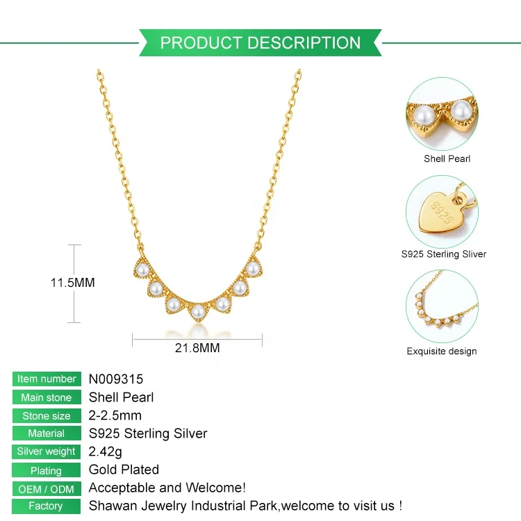 Jewelry Manufacturer High Quality Real Gold Plated Necklace 925 Sterling Silver Wave Bar Shell Pearl Necklace