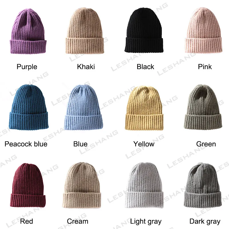 New Autumn And Winter Warm Fleece Acrylic Beanies Knitted Hats Solid Color Custom Embroidery Logo Rib Winter Thick Knitted Hats