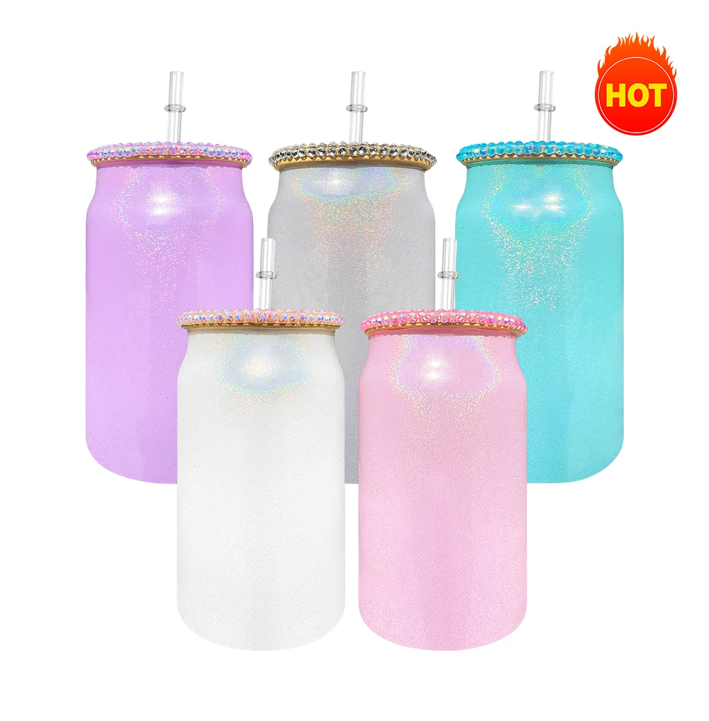 USA warehouse New Design 15oz 16oz 20oz 20oz holographic sparkling shimmer glass can rainbow glitter blank sublimation glass can