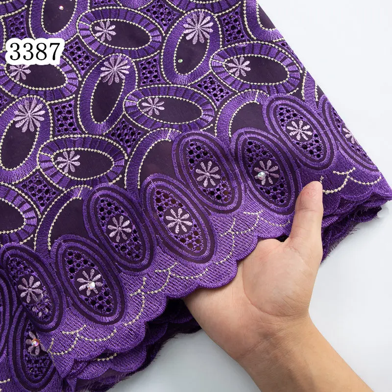 3387 Nigerian Swiss Cotton Lace Fabric Newly Factory Price African Embroidery Cotton Lace Stones for Women Wedding Party Dress