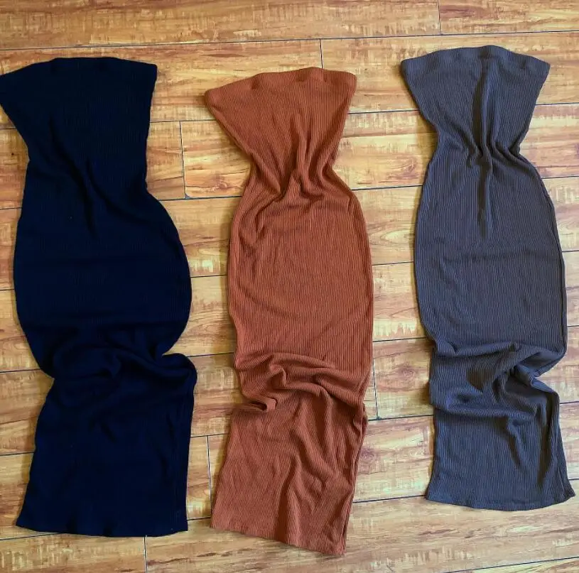Wholesale Summer Elegant 260gsm Ribbed Pure Color Strapless Tube Cami Maxi Dress Sexy Skinny Bodycon Long Dresses for Women