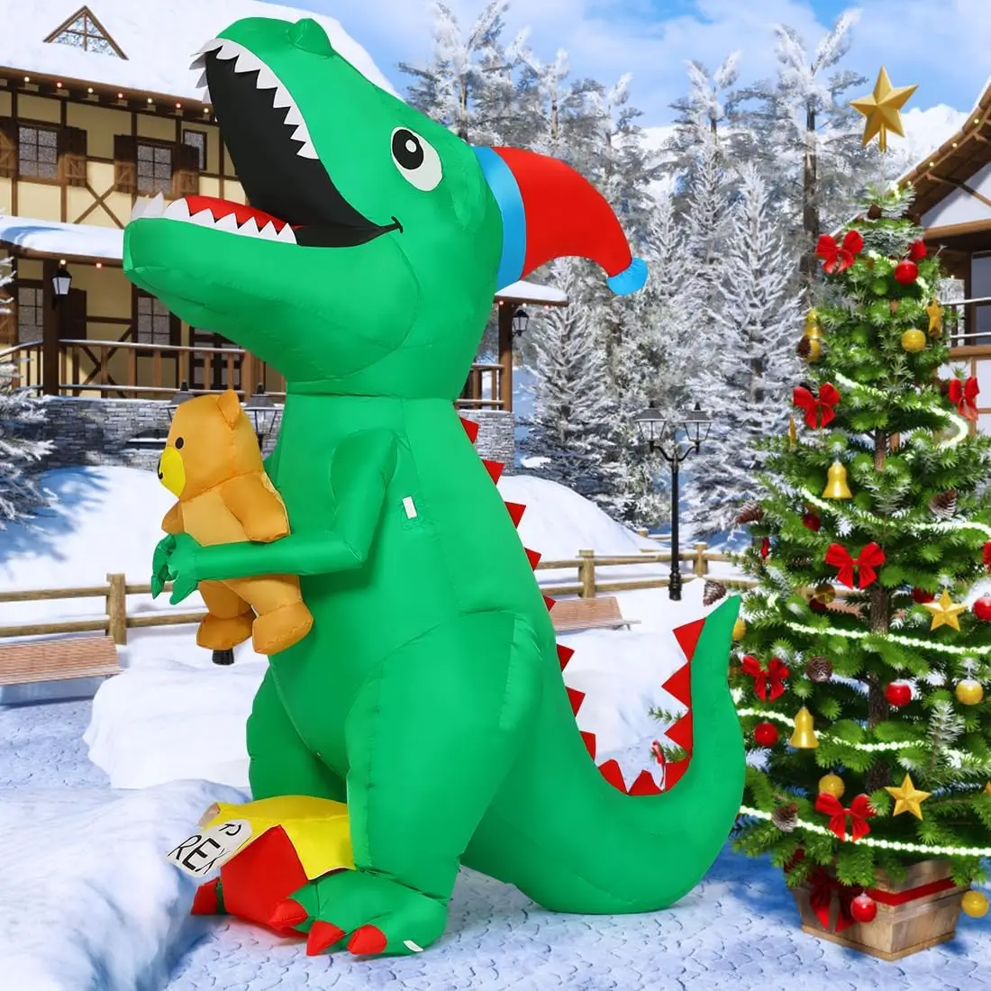 Рождественские надувные динозавры украшения T-Rex с рождественской шляпой держащие медведя праздничные наружные рождественские